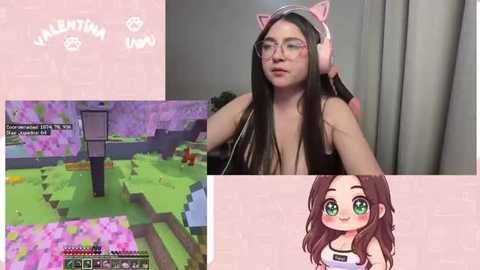 A collage featuring a young woman with long brown hair, wearing cat ear headphones, smiling in a livestream; Minecraft screenshot; and a chibi-style illustration of the woman in a pink shirt.