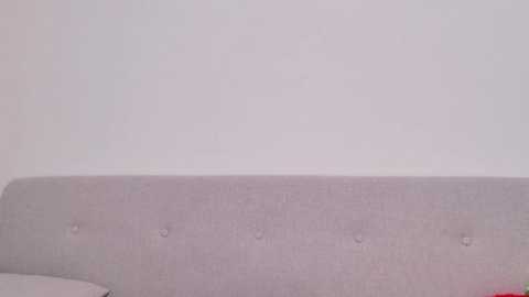 A video of a minimalist, light gray upholstered bench with tufted buttons and a smooth, plain white wall background. The image is soft and neutral, emphasizing simplicity and modern design.