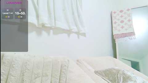 A video of a minimalist, sunlit room with a cream-colored couch, a sheer white curtain, and a floral-patterned towel hanging on the wall, creating a serene, cozy atmosphere.