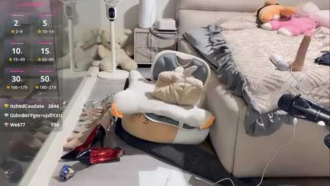 A video captures a messy bedroom with a plush, beige dog bed, scattered clothes, and a black high-heeled shoe. The room is cluttered, with a white bed, plush toys, and a glass table.
