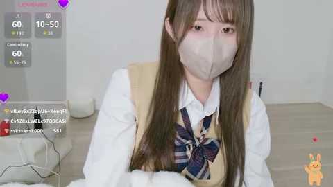 A video of a young Asian woman with long brown hair, wearing a school uniform, a face mask, and a plaid bow tie, sitting indoors, with a digital overlay of live stream statistics.