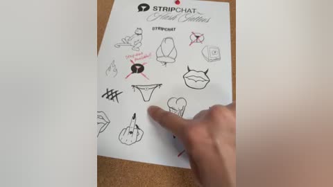 Video of a white sheet with Striptease pattern illustrations, including bras, panties, and a hand gesture, drawn in black ink. A hand is touching the sheet.