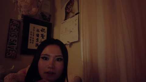A dimly lit video of a young Asian woman with long black hair, wearing makeup, in a dimly lit room with Japanese signs and posters on the wall.