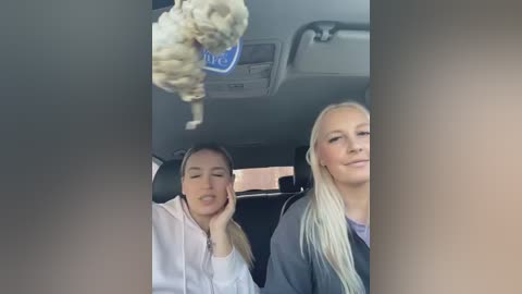 Video of a young woman with long blonde hair, wearing a grey hoodie, and a woman with brown hair in a white hoodie, both inside a car. A large, fluffy cat hangs from the car's roof.