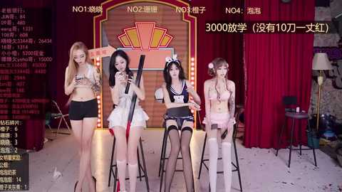 Media: Video of five women in revealing, Japanese-themed costumes, standing on stage with a \"NO\" sign and a large \"3000\" score in the background.