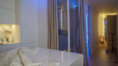 Video of a modern, minimalist bathroom with a white bathtub, white walls, and beige curtains. Blue lighting accents the room, revealing a narrow hallway and a sleek cat scratching post in the background.