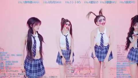 Video of three women in cosplay outfits with blue plaid skirts, white tops, and striped ties, wearing exaggerated makeup. Background is a pink and white gradient with text.