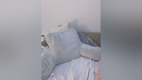 Media: Video of a minimalist bedroom corner featuring a light gray, plush bear pillow and a beige pillow on a white duvet. The room has a soft, muted color palette, with white walls and a neutral carpet, creating a serene atmosphere.
