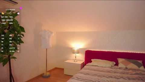 A video of a minimalist bedroom with a modern, red upholstered bed, white nightstand, white lamp, and green potted plant.