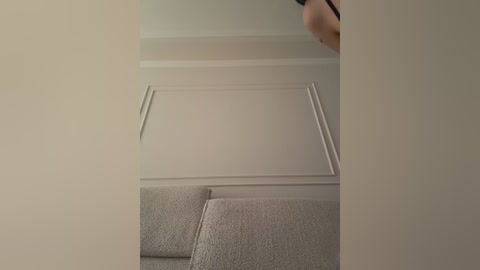 Media: A video of a beige sectional sofa with a textured fabric, partially visible, against a white wall with a closed door. The image is taken from a low angle, with the top right corner cut off.