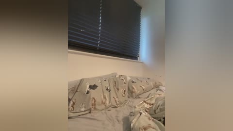 Video of a messy bedroom with a beige bedspread featuring cartoonish animal designs, partially covered by a dark window with closed blinds.