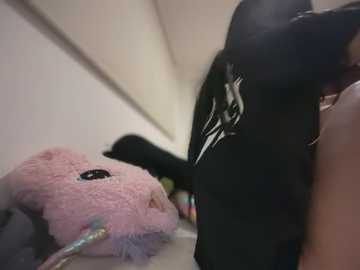 A video shows a person in black clothes, partially visible, standing next to a pink stuffed animal with a blue horn. The background is a beige wall.