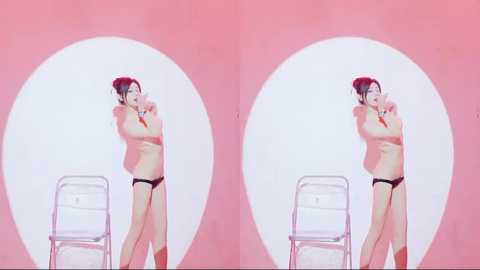 A digital 3D CGI image featuring an anime-style woman with red hair and glasses, wearing only black panties, standing on a metal chair in front of a pink, circular background. The image is in 3D, allowing for a side-by-side comparison.