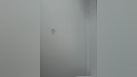 Media: A video of a minimalist bathroom interior, featuring a small, round mirror mounted on a plain white wall, with smooth, matte surfaces and no visible objects or decorations.