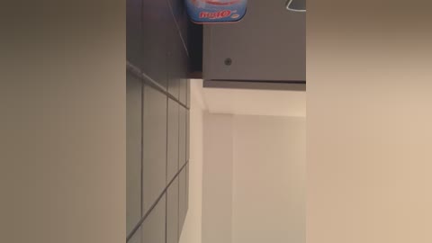 Video of a beige wall with a dark gray cabinet and a colorful \"Doritos\" chip bag hanging from it. The image is slightly blurred and taken from an angle, focusing on the corner of the room.