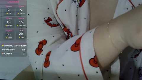 Media: A close-up video shows a person in a white robe adorned with red and black cartoon cat patterns, with a pink strap visible. Background includes a digital interface displaying temperature and health metrics.