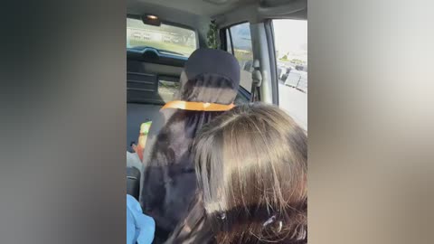 Video of a woman with brown hair wearing a black hat and orange scarf sitting in a car with the driver visible in the background.