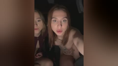 Video of a young, fair-skinned, red-haired woman with a slender physique, looking seductively into the camera, partially obscured by a shadowy figure. She wears a black top, and the dimly lit background suggests an intimate indoor setting.