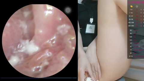 A video shows an explicit close-up of a vagina with visible fluids, alongside a nude woman sitting, displaying her buttocks. The background features a blurred, dark room.