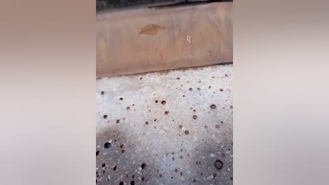 Video of a concrete floor with numerous dark, irregularly shaped stains, possibly oil or grease spots, and a beige, slightly worn-out carpet strip running along the top edge. The background is blurred, focusing attention on the stained concrete.