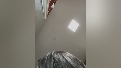 Video of a woman with short, gray hair wearing a plastic shower cap, standing in a shower with a rectangular window and a bright light above.