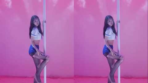 Video of an Asian woman with long black hair, wearing a white crop top and blue shorts, posing against a pink backdrop, holding a pole, split image.