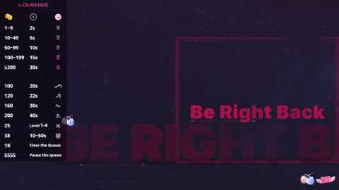 A screenshot of a video game with dark, purplish tones. The screen shows a menu with options like \"Level 1,\" \"Level 2,\" and \"Level 3,\" and the text \"Be Right Back\" in bold red.