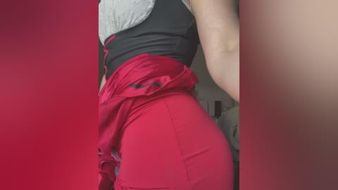 A video showing a close-up side view of a person in a black and gray top, with a red skirt, against a red background.