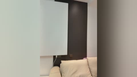 Video of a minimalist living room with a beige couch, a black wall, and a white screen mounted on it. The image has a modern, clean aesthetic.