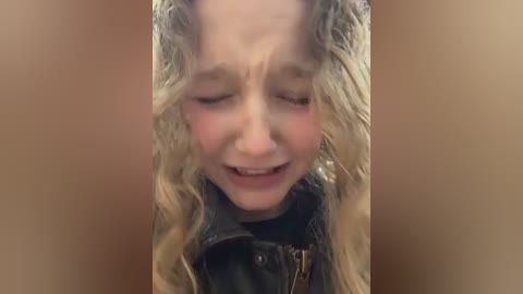 Video of a young girl with curly blonde hair and fair skin, smiling and looking down. She wears a black jacket. Background is a blurred, warm-toned wall.